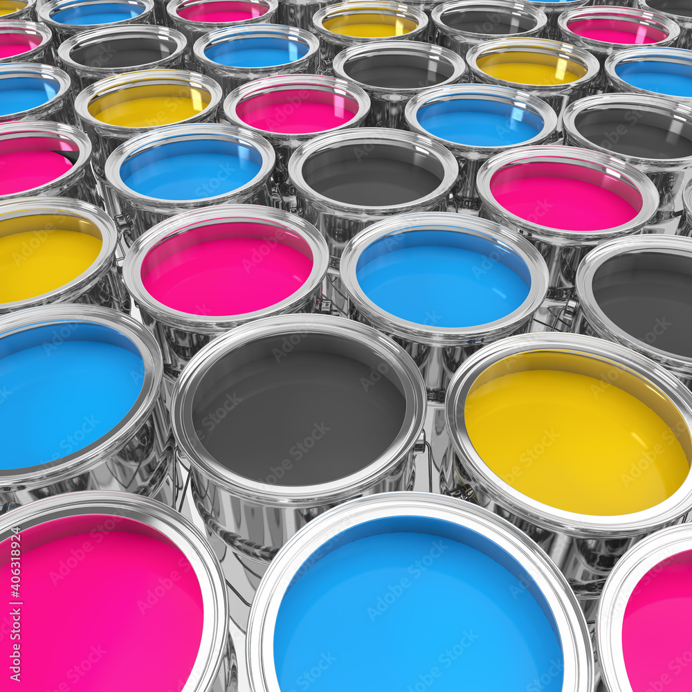 3d Illustration - Farbeimer - knallbunt Farben - Farbdose - CMYK 3d Illustration - Farbeimer - knallbunt Farben - Farbdose - CMYK