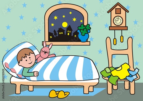 Bedroom, little boy in bed. Kid with hare, the boy is lying in bed, vector illustration.	