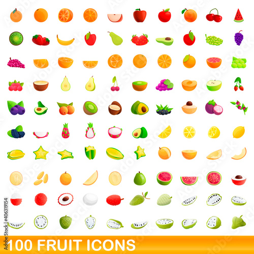 100 fruit icons set. Cartoon illustration of 100 fruit icons vector set isolated on white background