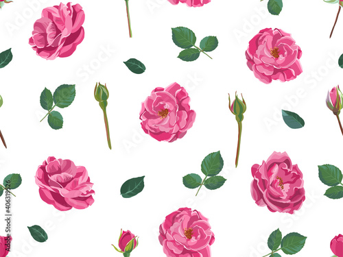 Pink roses with petals and leaves seamless pattern