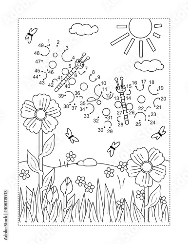 Two butterflies full page connect the dots puzzle and coloring page, activity sheet for kids. Answer included.
