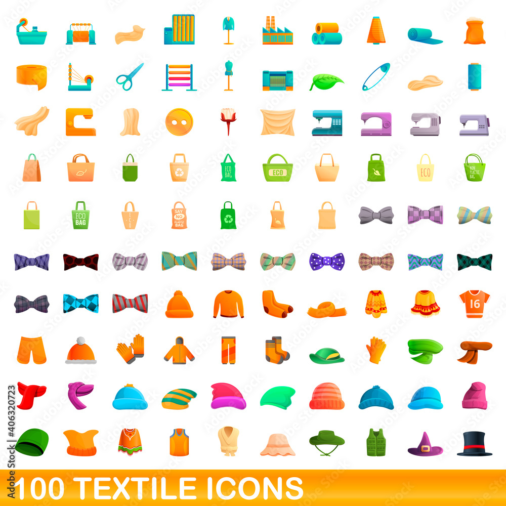 100 textile icons set. Cartoon illustration of 100 textile icons vector set isolated on white background