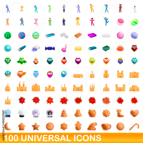 100 universal icons set. Cartoon illustration of 100 universal icons vector set isolated on white background