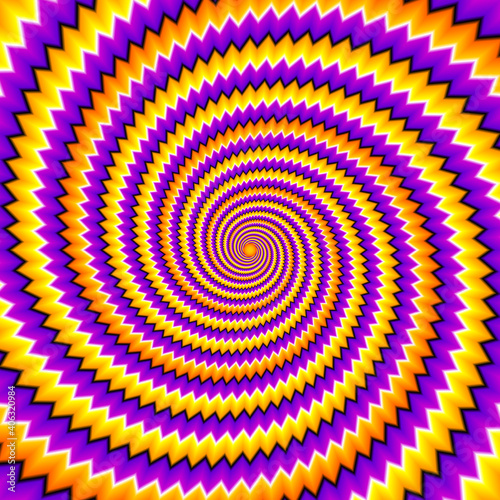 Orange, purple and yellow spirals. Optical expansion illusion.