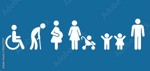 Symbol Priority Disable Passenger Elderly passenger Pregnant Old man Woman with infant child baby orthopedic wheelchair crutches mobility Human vector sign. Disabled toilet symbol. Priority seating .