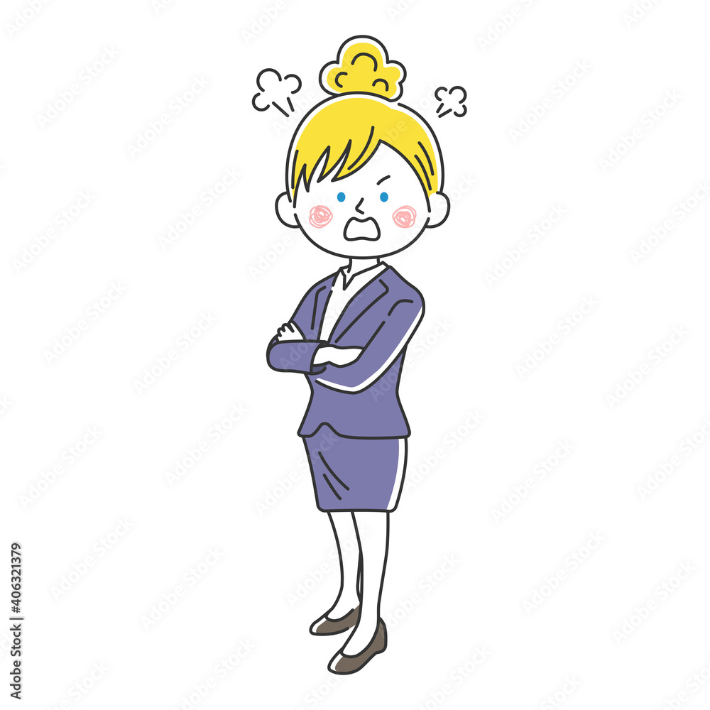 腕組みをして怒っている白人ビジネスウーマンのイラスト 腕組みをして怒っている白人ビジネスウーマンのイラスト