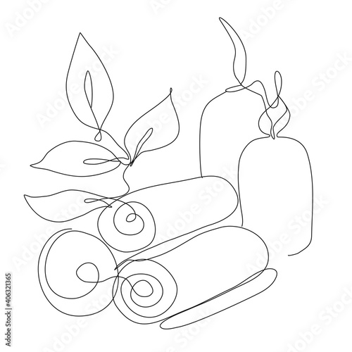 Continuous Line Drawing  towels and candles, spa. Trendy one line draw design vector illustration