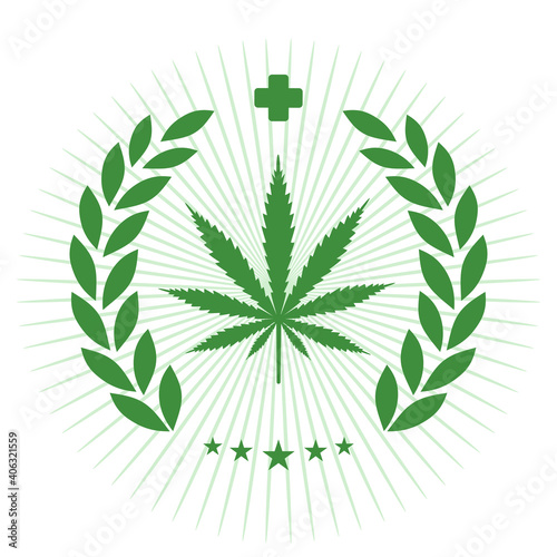 medical marijuana emblem. Green cannabis leaf in laurel wreath with cross on white background