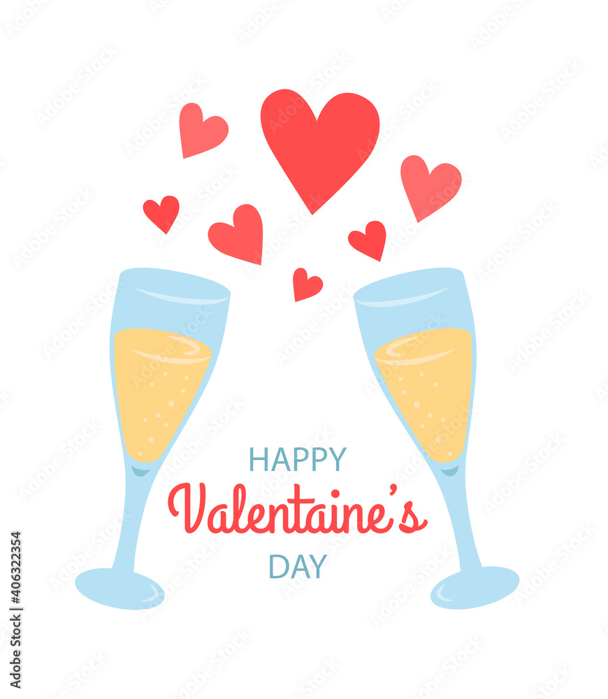 Valentine's Day card with champagne glasses and hearts. Vector hand-drawn illustration. Valentine's Day card with champagne glasses and hearts. Vector hand-drawn illustration.