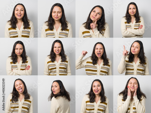 A young woman girl posing with many different facial expressions. © mikhail_b_azarov