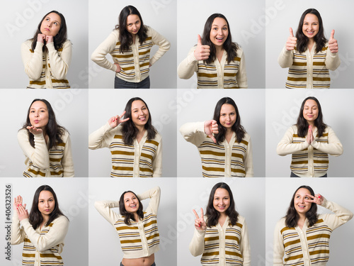 A young woman girl posing with many different facial expressions.