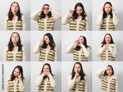 A young woman girl posing with many different facial expressions.