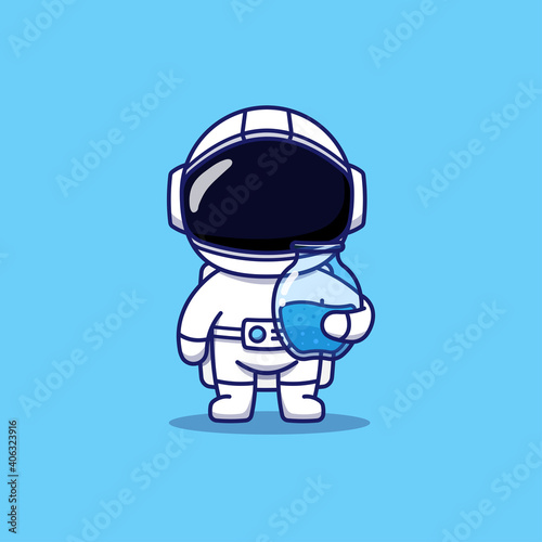 Cute astronaut carrying a jar of water