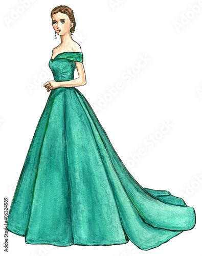 Female Model in an elegant formal Green Dress Fashion Illustration