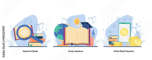 Book exploration, reading book, research, online book payment icon set. search book, study literature, digital bookstore. Vector flat design isolated concept metaphor illustrations
