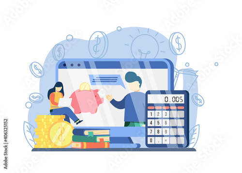 Financial Literacy Webinar Concept. women looking at financial literacy online courses. saving money. can be used for landing pages, web, user interface, banners, templates, backgrounds, flayer.