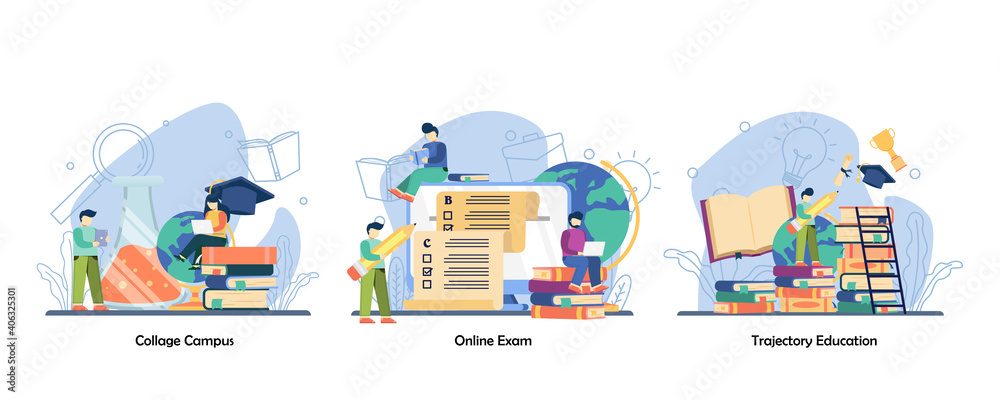 Student life, assessment test, graduation icon set. collage campus ...