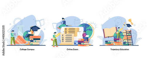 Student life, assessment test, graduation icon set. collage campus, online exam, trajectory education Vector flat design isolated concept metaphor illustrations