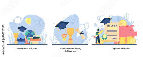 schooling, academic achievement, reward icon set. School road to success, graduation and trophy achievement, deploma scholarship.Vector flat design isolated concept metaphor illustrations