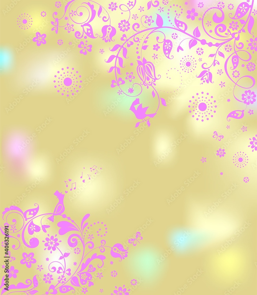 Beautiful golden greeting wedding card with floral decorative light violet pattern and lovely birds Beautiful golden greeting wedding card with floral decorative light violet pattern and lovely birds
