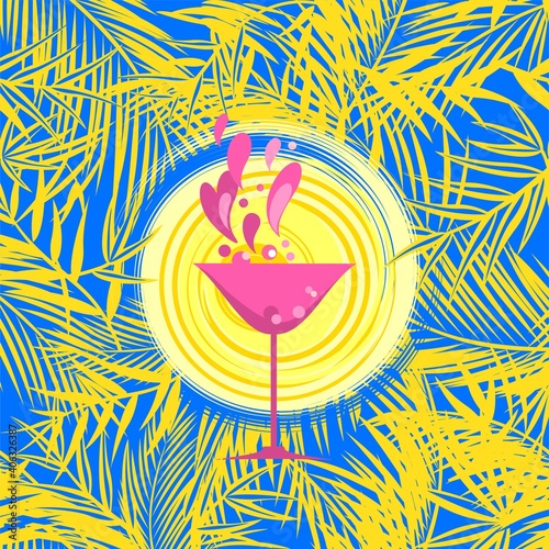 Summer cocktail beach party invitation, flyer or poster template with yellow coconut and fan-leaved palm trees, exotic leaves, sun and martini wineglass