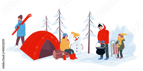 Winter season camping and relaxing outdoors vector