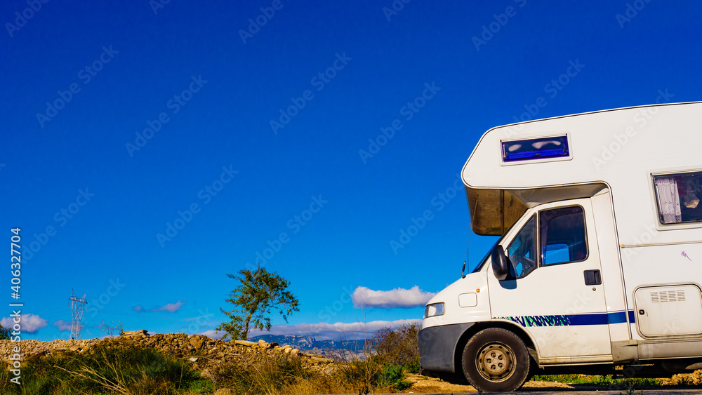 Camper against mountains nature Camper against mountains nature