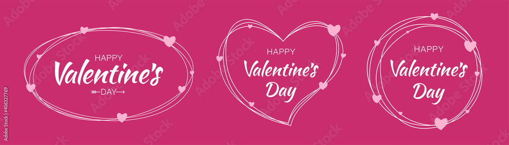 Valentines day card set. Scribble white line frames with hand drawn typographic lettering on purple pink background with pink hearts. Valentine banner. Vector illustration