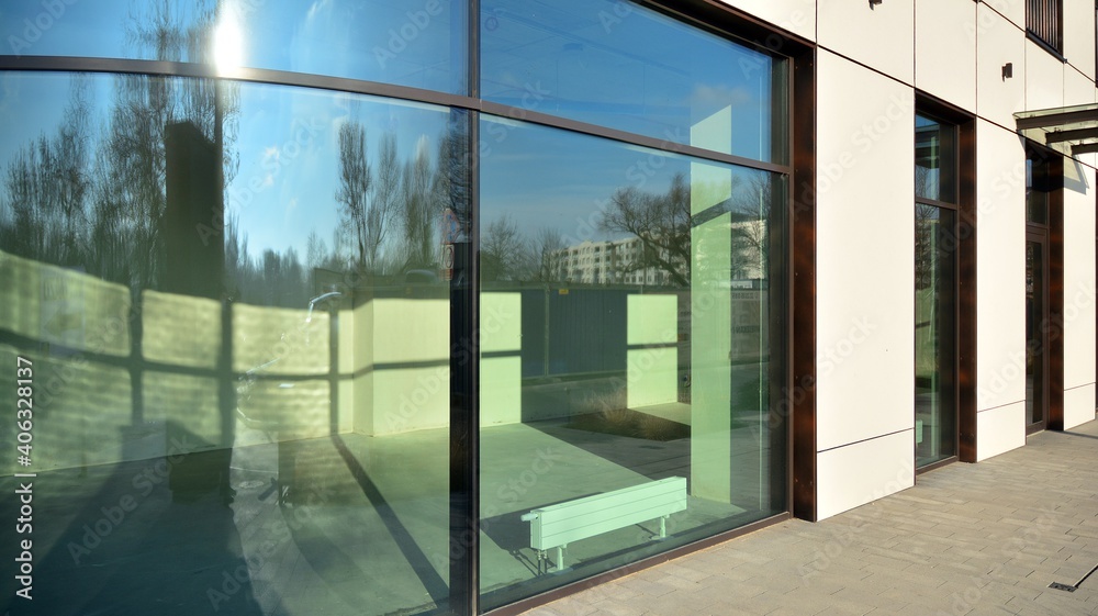 Panoramic windows of new commercial premises. Commercial property in development standard for rent.