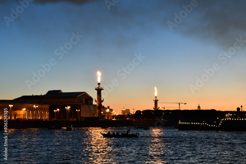 Rostral column in St Petersburg during Navy day celebration, Neva river