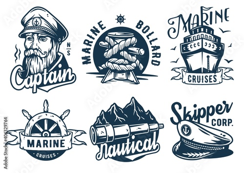 Marine print set with helm of skipper. Cruises, bollard and spyglass. Monochrome t-shirt nautical apparel design