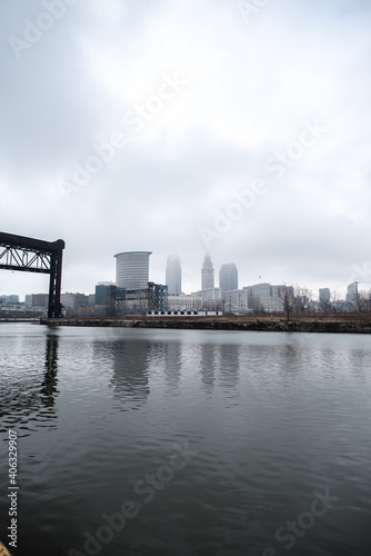 foggy cleveland skyline during winter