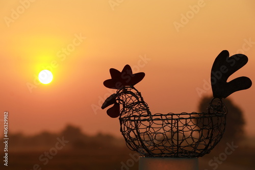 Close up Chicken wire basket on sunrise in the morning