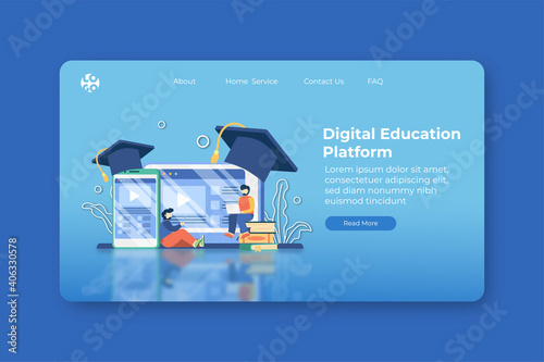 Modern Flat Design Vector Illustration Digital Education Platform Landing Page and Web Banner Template. Digital Education, E-Learning, Online Education, Tutorial Video, Online Teaching, Online class.