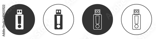 Black USB flash drive icon isolated on white background. Circle button. Vector.