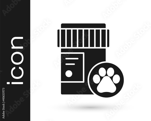 Grey Dog medicine bottle icon isolated on white background. Container with pills. Prescription medicine for animal. Vector.