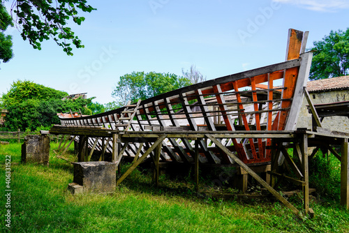 wooden Boat hull skeleton in manufacturing and restoration