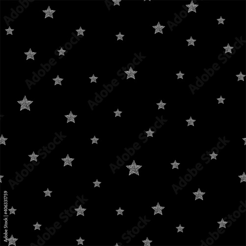 Seamless pattern with silver stars on black background.festive background with silver falling stars.Holiday pattern.Ornament for gift wrapping paper,postcard,card,covers,fabric. Pattern for Christmas