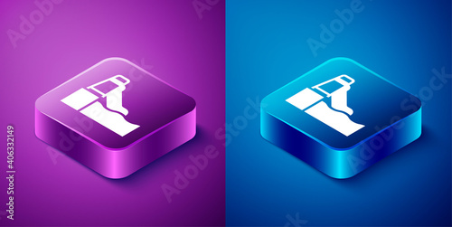 Isometric Water slide with pool icon isolated on blue and purple background. Aquapark. Square button. Vector.