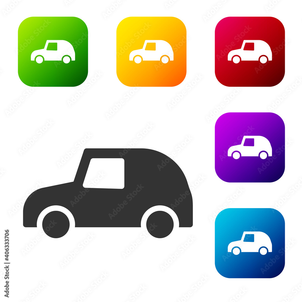 Black Toy car icon isolated on white background. Set icons in color square buttons. Vector.
