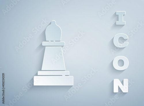 Paper cut Chess icon isolated on grey background. Business strategy. Game, management, finance. Paper art style. Vector.