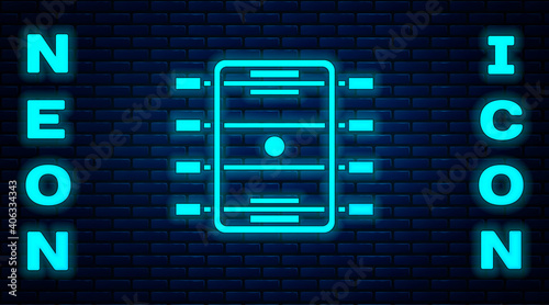 Glowing neon Hockey table icon isolated on brick wall background. Football table. Vector.