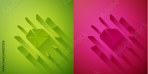Paper cut Diamond icon isolated on green and pink background. Jewelry symbol. Gem stone. Paper art style. Vector.