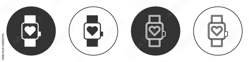 Black Smart watch showing heart beat rate icon isolated on white background. Fitness App concept. Circle button. Vector. Black Smart watch showing heart beat rate icon isolated on white background. Fitness App concept. Circle button. Vector.