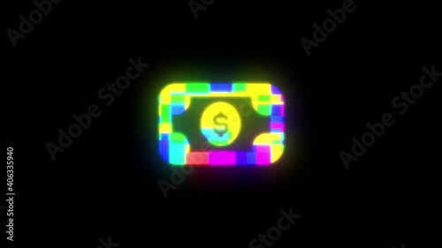 DOLLAR NOTE CASH animation vibrant neon colourful digital motion intro text on dark screen background