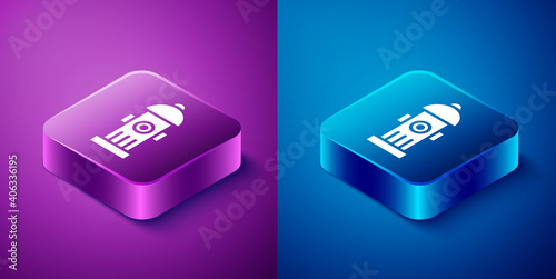 Isometric Fire hydrant icon isolated on blue and purple background. Square button. Vector.