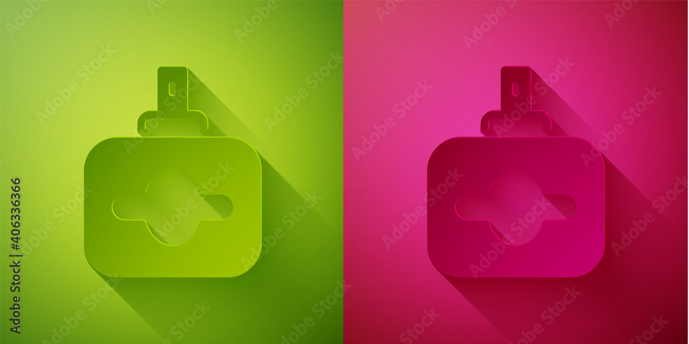 Paper cut Perfume icon isolated on green and pink background. Paper art style. Vector.