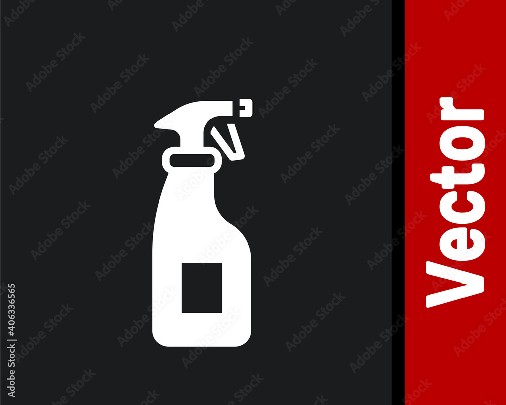 White Cleaning spray bottle with detergent liquid icon isolated on black background. Vector. White Cleaning spray bottle with detergent liquid icon isolated on black background. Vector.