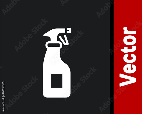 White Cleaning spray bottle with detergent liquid icon isolated on black background. Vector.