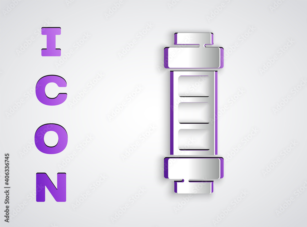 Paper cut Battery charge level indicator icon isolated on grey background. Paper art style. Vector. Paper cut Battery charge level indicator icon isolated on grey background. Paper art style. Vector.